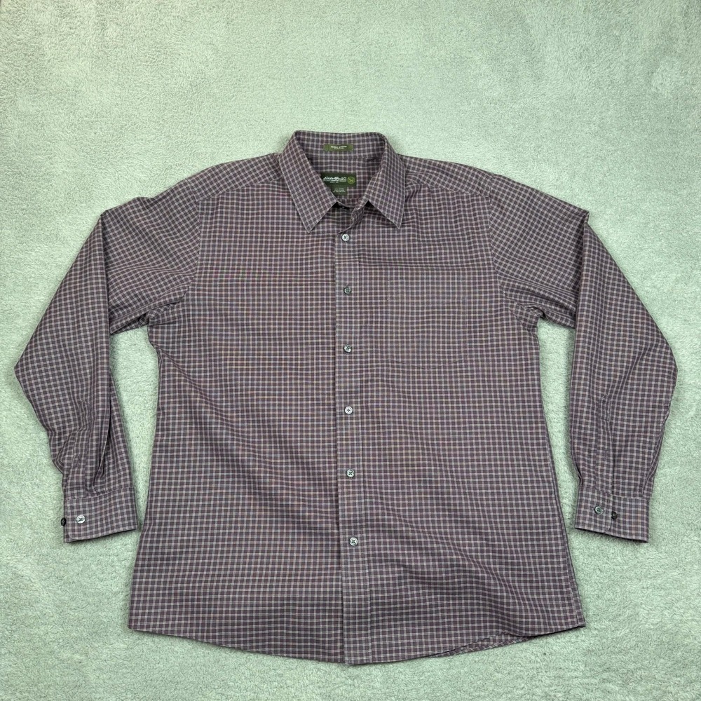 Eddie Bauer Mens Large‎ Purple Plaid Button Down Shirt Wrinkle Resistant Classic